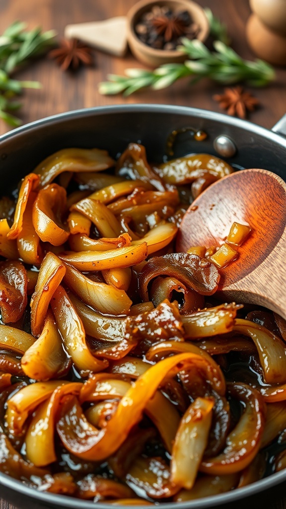 Caramelized Onion Recipe Golden-brown caramelized onions in a skillet with a wooden spoon.